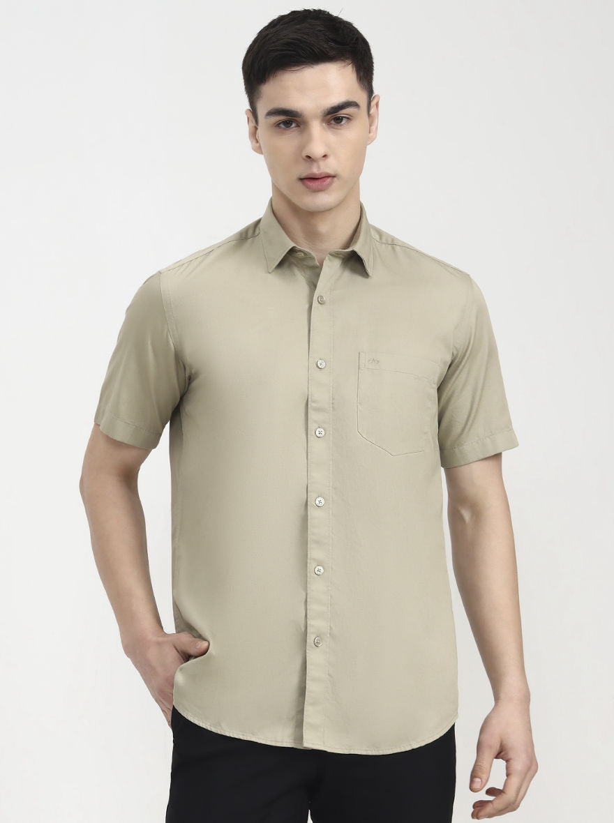 Olive Solid Tailored Fit Semi Casual Shirt | JadeBlue