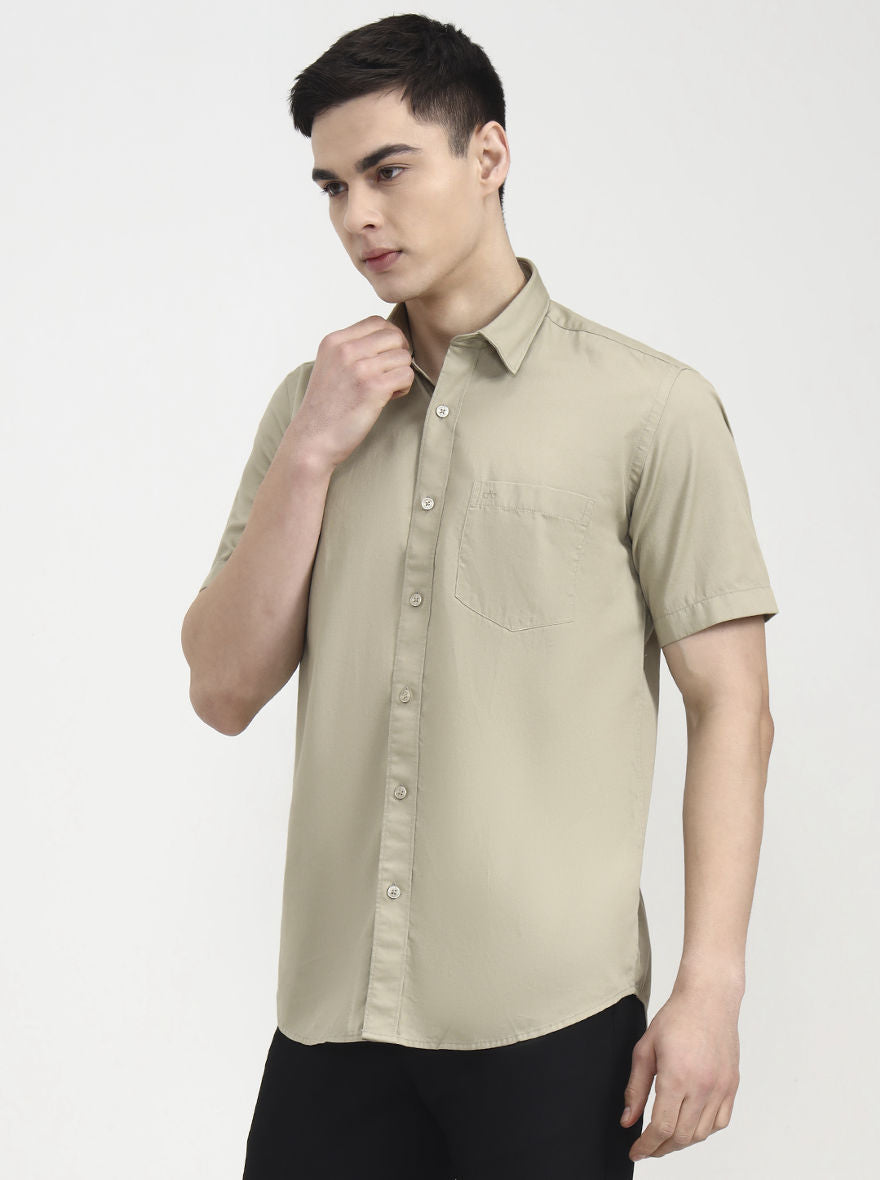 Olive Solid Tailored Fit Semi Casual Shirt | JadeBlue