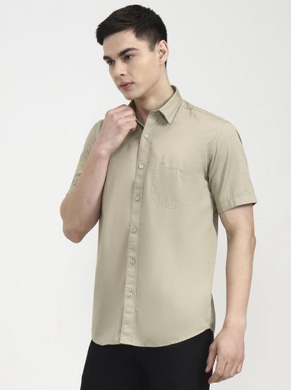 Olive Solid Tailored Fit Semi Casual Shirt | JadeBlue