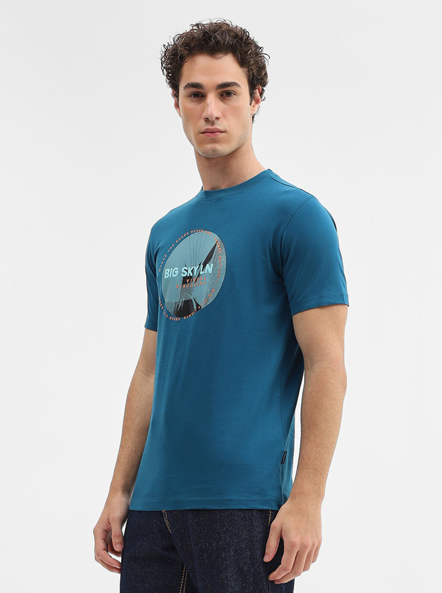 Dark Teal Printed Slim Fit T-Shirt | Greenfibre