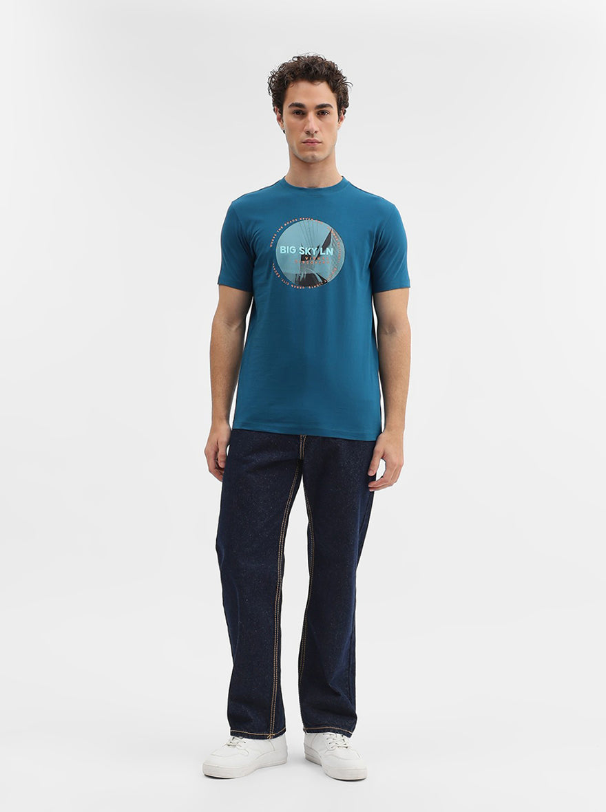 Dark Teal Printed Slim Fit T-Shirt | Greenfibre
