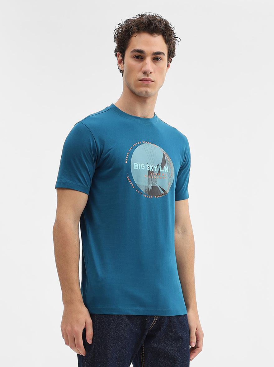 Dark Teal Printed Slim Fit T-Shirt | Greenfibre