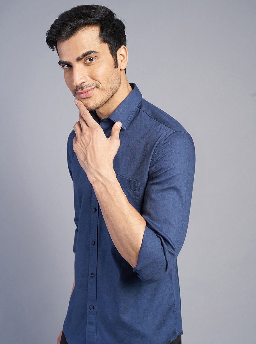 Navy Blue Solid Slim Fit Semi Casual Shirt | JadeBlue