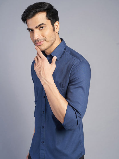 Navy Blue Solid Slim Fit Semi Casual Shirt | JadeBlue