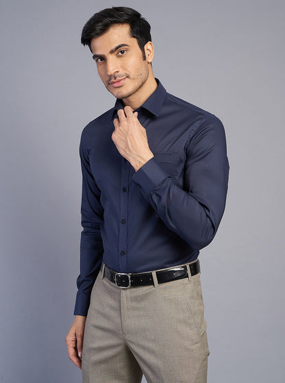Navy Blue Solid Slim Fit Formal Shirt | JadeBlue Youth