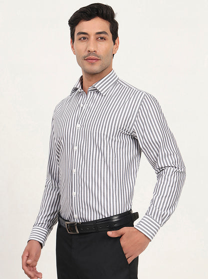 White & Grey Striped Regular Fit Formal Shirt | JadeBlue