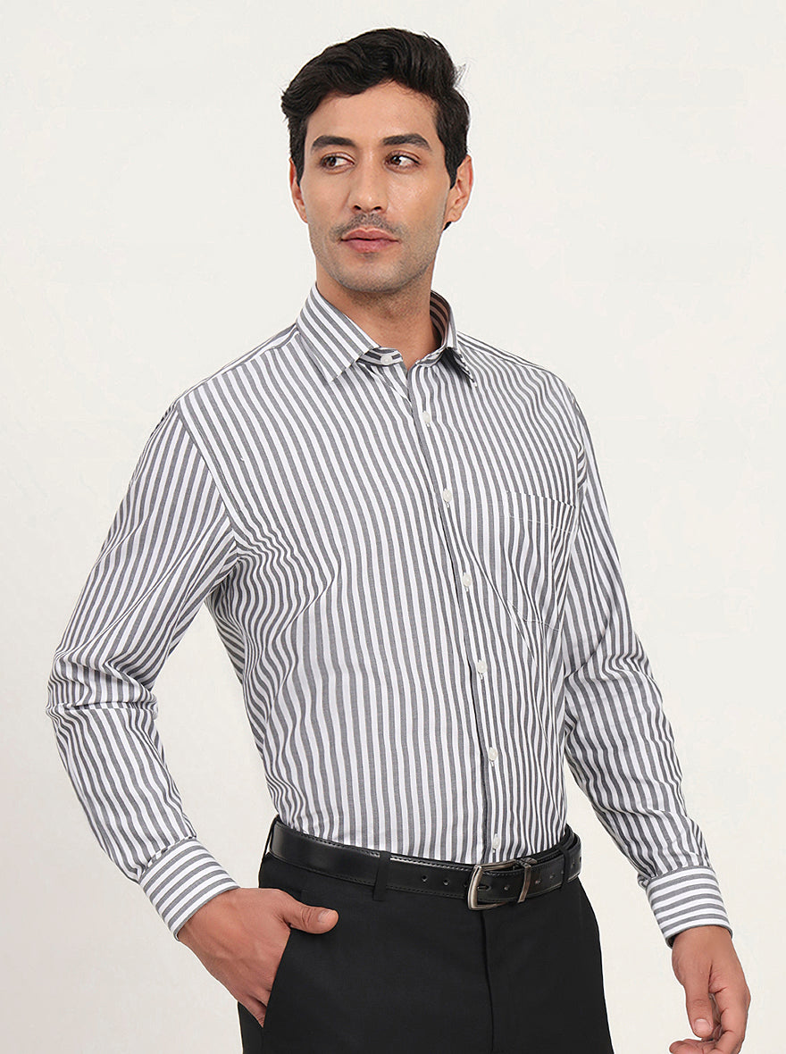 White & Grey Striped Regular Fit Formal Shirt | JadeBlue