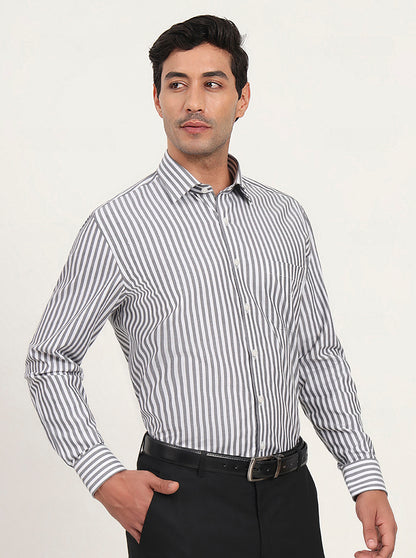 White & Grey Striped Regular Fit Formal Shirt | JadeBlue