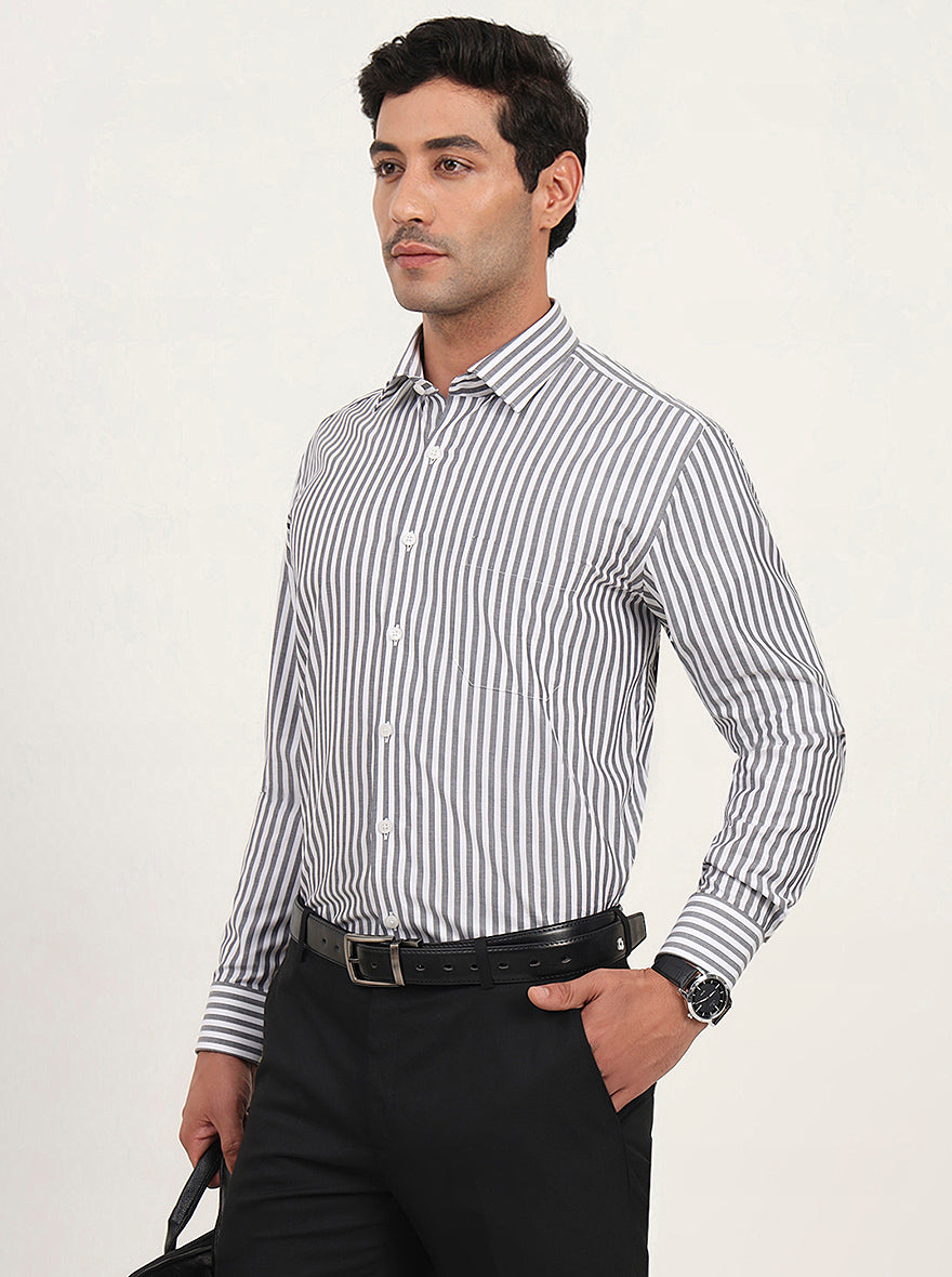 White & Grey Striped Regular Fit Formal Shirt | JadeBlue