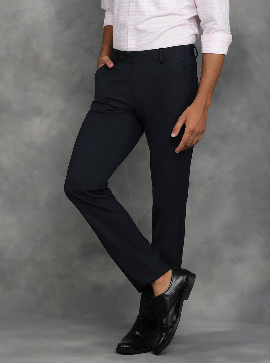 Navy Blue Solid Slim Fit Formal Trouser | JB Studio