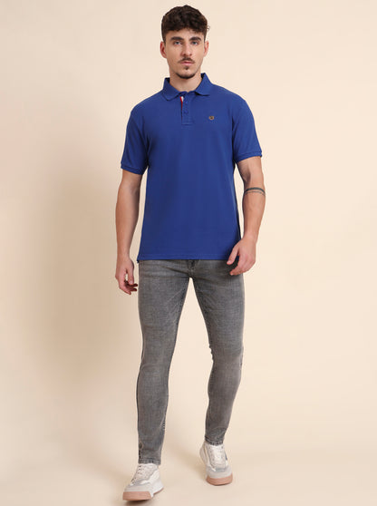 Blue Solid Slim Fit Polo T-Shirt | JadeBlue