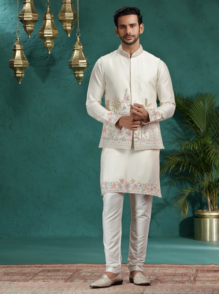Ivory Embroidered Kurta Pajama with Koti | TULA