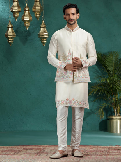 Ivory Embroidered Kurta Pajama with Koti | TULA