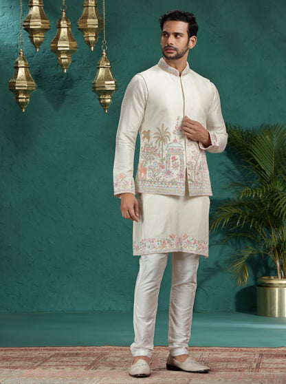 Ivory Embroidered Kurta Pajama with Koti | TULA