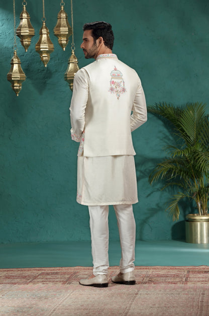 Ivory Embroidered Kurta Pajama with Koti | TULA