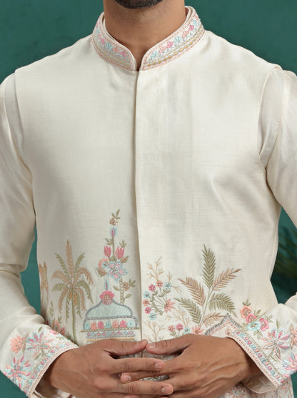 Ivory Embroidered Kurta Pajama with Koti | TULA