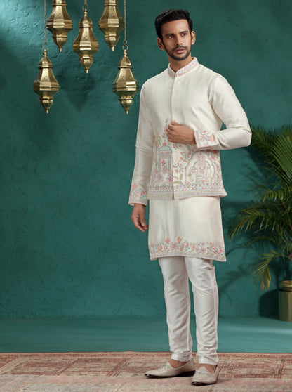 Ivory Embroidered Kurta Pajama with Koti | TULA