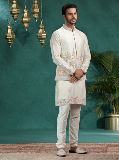 Ivory Embroidered Kurta Pajama with Koti | TULA