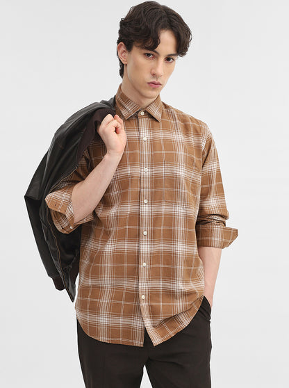 Khaki Checked Tailored Fit Semi Casual Shirt | JadeBlue