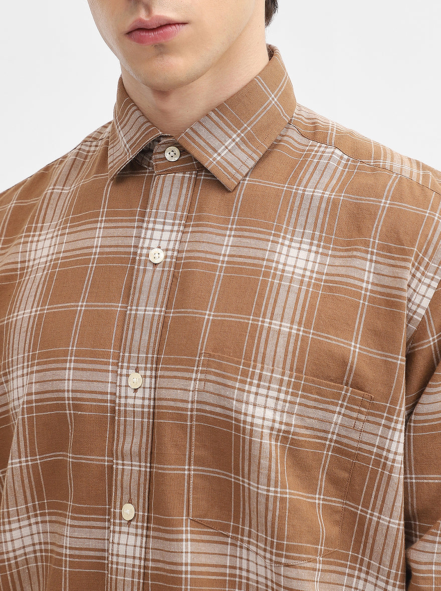 Khaki Checked Tailored Fit Semi Casual Shirt | JadeBlue