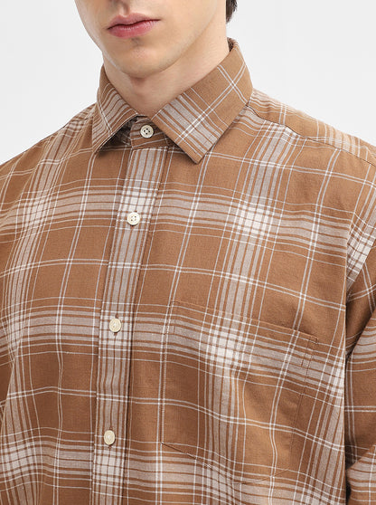 Khaki Checked Tailored Fit Semi Casual Shirt | JadeBlue