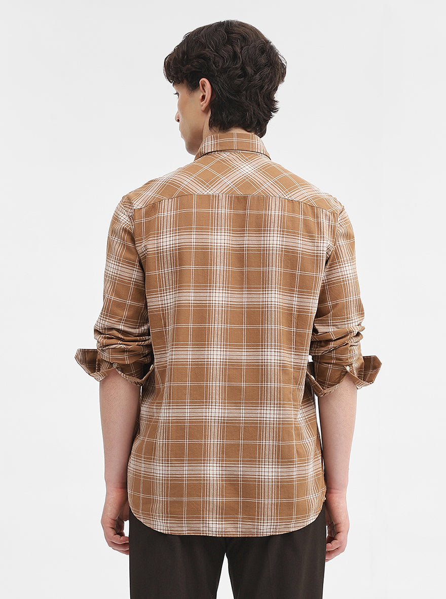 Khaki Checked Tailored Fit Semi Casual Shirt | JadeBlue