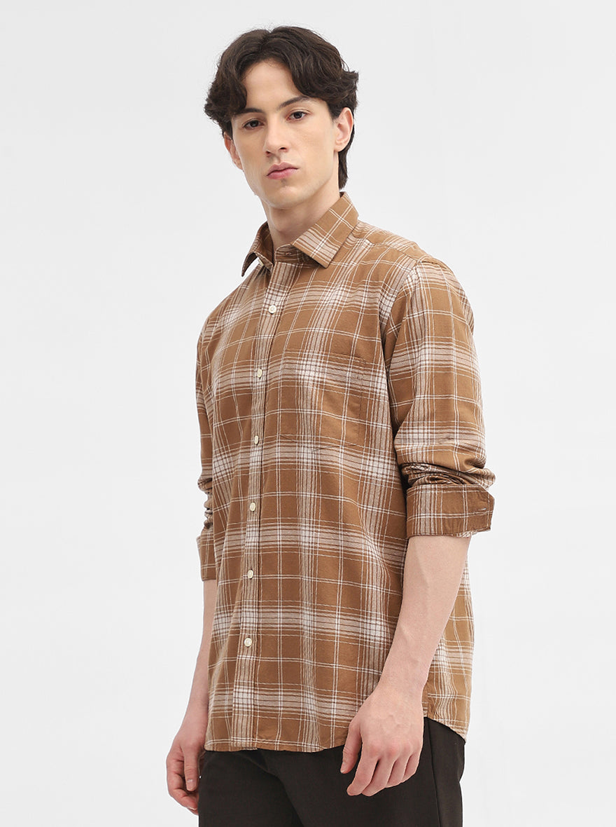 Khaki Checked Tailored Fit Semi Casual Shirt | JadeBlue