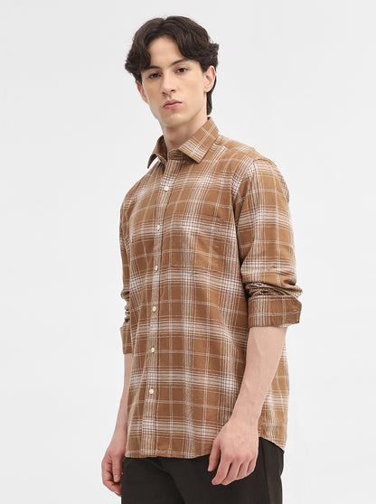 Khaki Checked Tailored Fit Semi Casual Shirt | JadeBlue