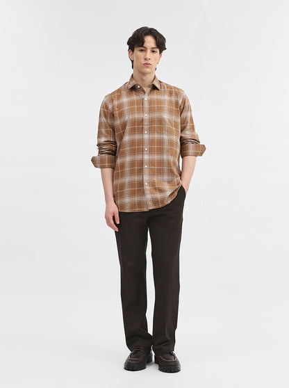 Khaki Checked Tailored Fit Semi Casual Shirt | JadeBlue