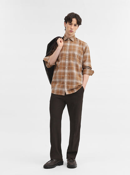 Khaki Checked Tailored Fit Semi Casual Shirt | JadeBlue