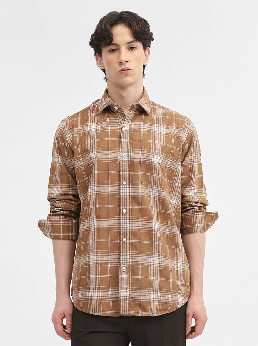 Khaki Checked Tailored Fit Semi Casual Shirt | JadeBlue