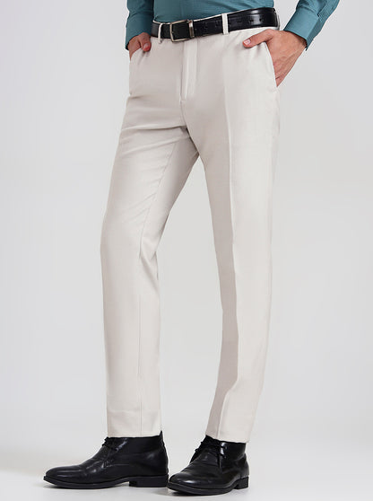 Cream Printed Slim Fit Formal Trouser | Greenfibre