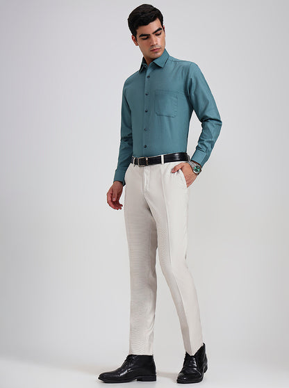 Cream Printed Slim Fit Formal Trouser | Greenfibre
