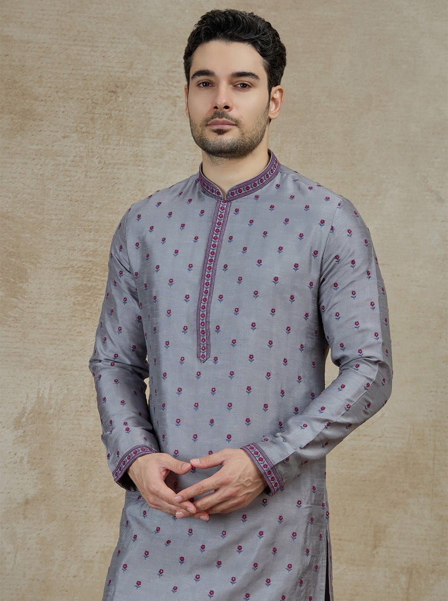Grey & Red Embroidered Kurta Pajama | Virasana