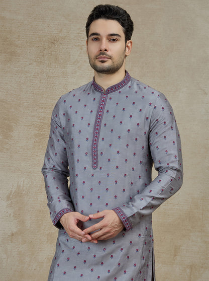 Grey & Red Embroidered Kurta Pajama | Virasana