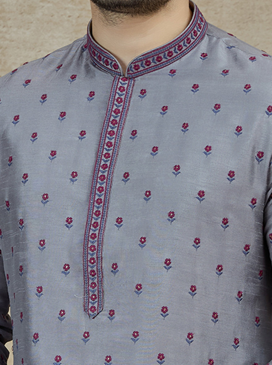 Grey & Red Embroidered Kurta Pajama | Virasana