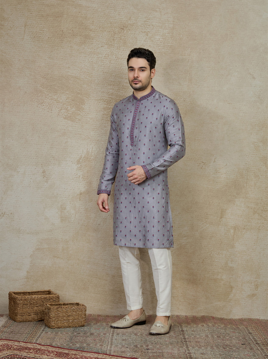 Grey & Red Embroidered Kurta Pajama | Virasana