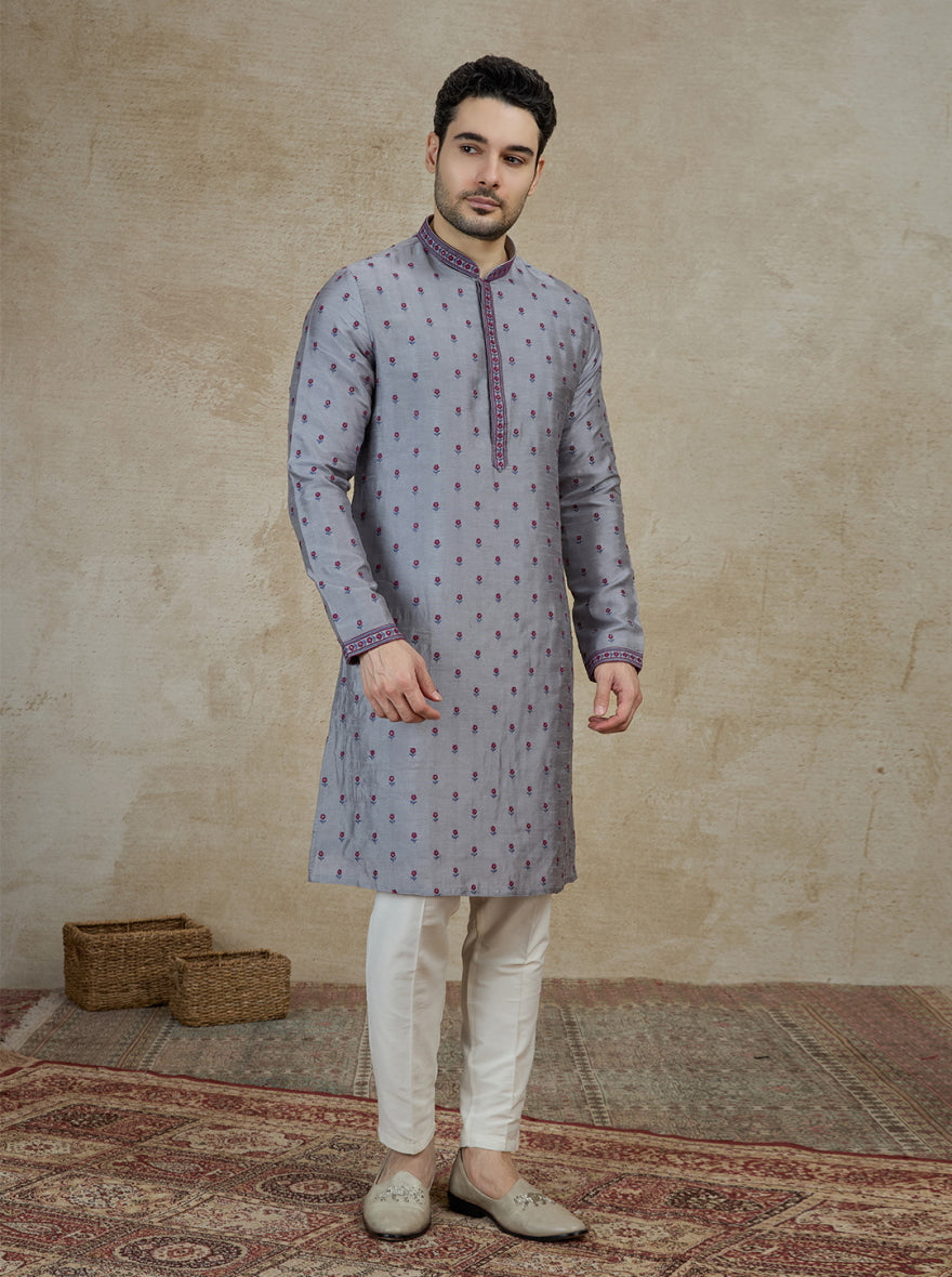 Grey & Red Embroidered Kurta Pajama | Virasana