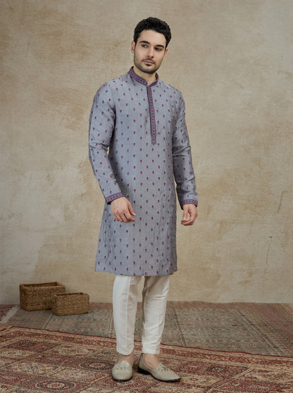Grey & Red Embroidered Kurta Pajama | Virasana