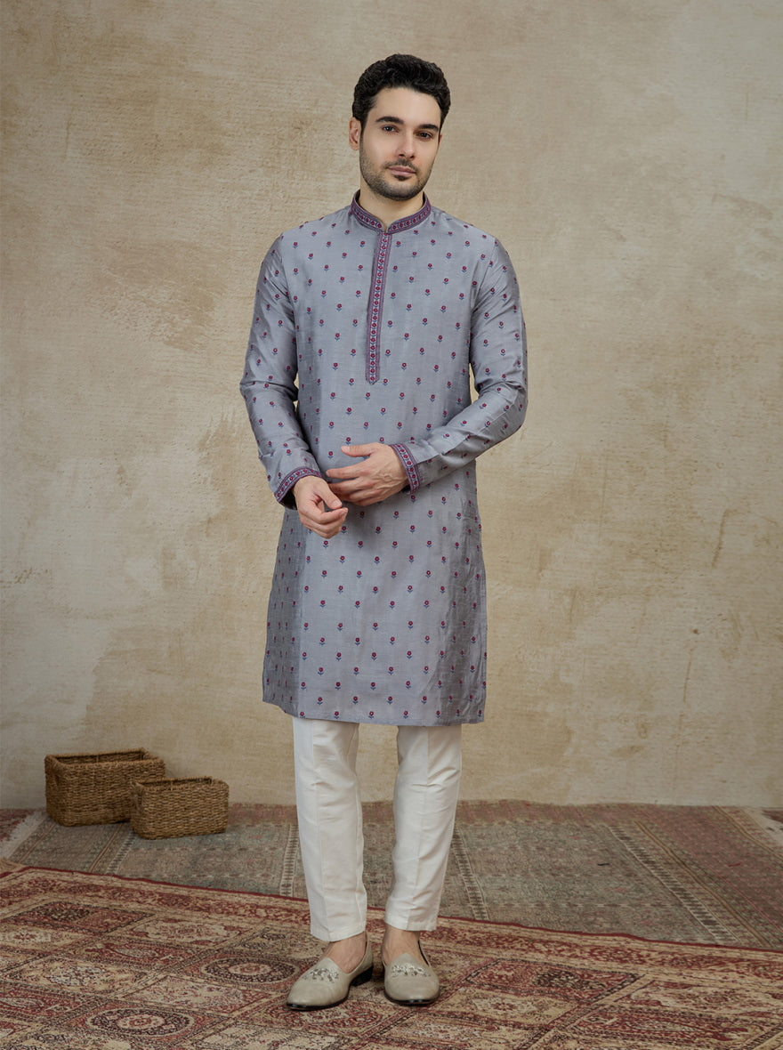 Grey & Red Embroidered Kurta Pajama | Virasana