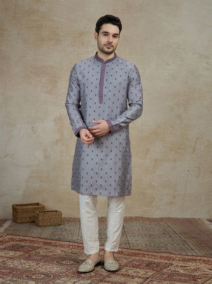 Grey & Red Embroidered Kurta Pajama | Virasana