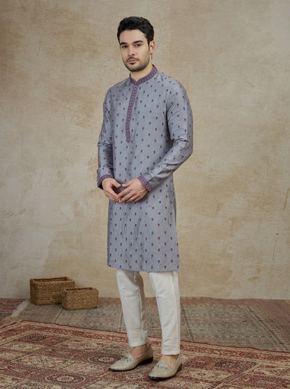 Grey & Red Embroidered Kurta Pajama | Virasana