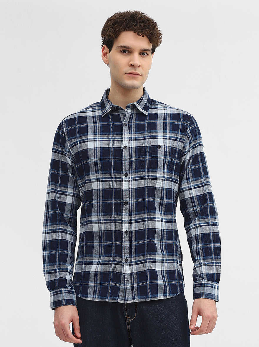 Navy Blue Checked Slim Fit Casual Shirt | Greenfibre