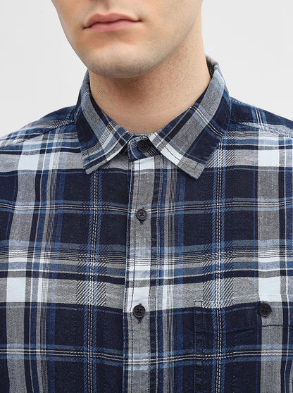 Navy Blue Checked Slim Fit Casual Shirt | Greenfibre