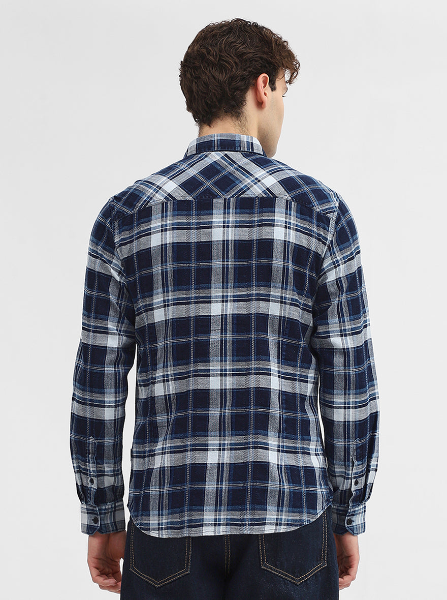 Navy Blue Checked Slim Fit Casual Shirt | Greenfibre