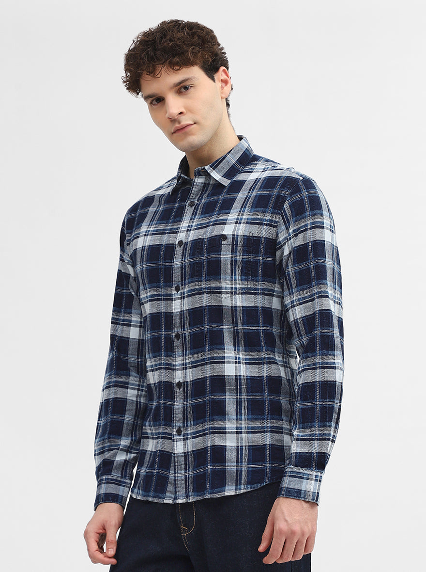 Navy Blue Checked Slim Fit Casual Shirt | Greenfibre