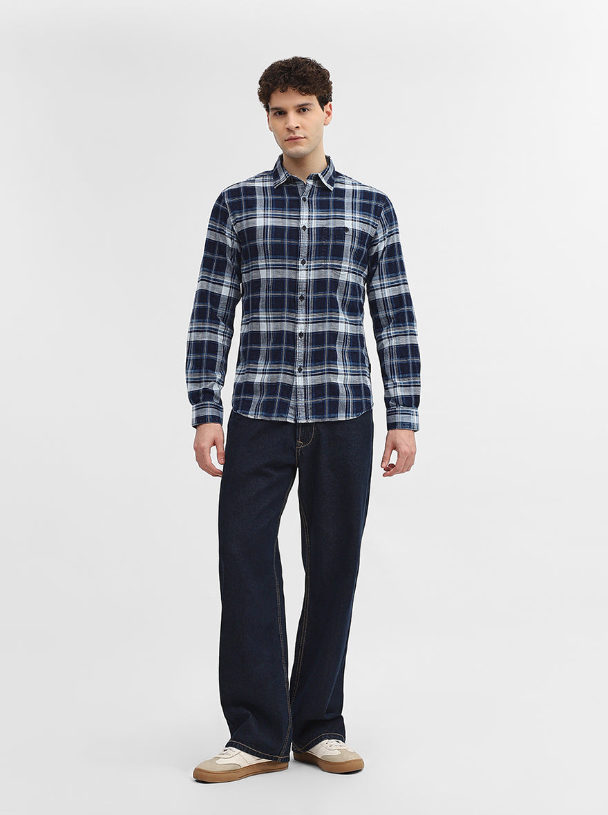 Navy Blue Checked Slim Fit Casual Shirt | Greenfibre