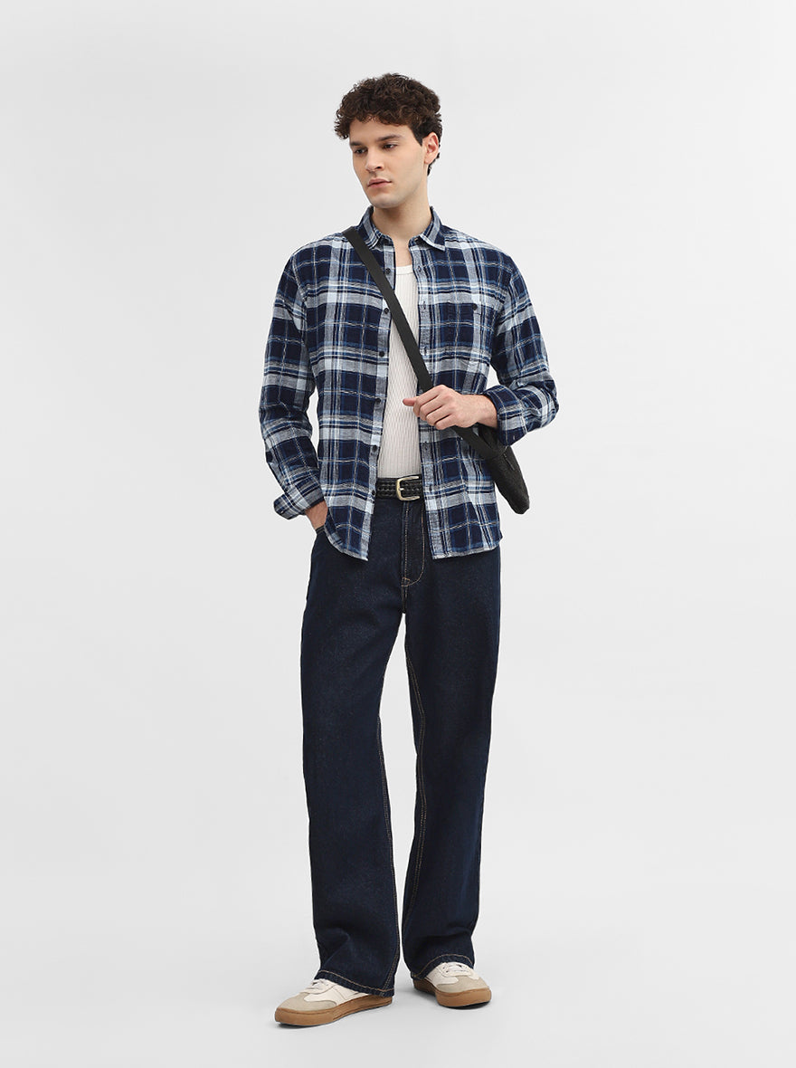 Navy Blue Checked Slim Fit Casual Shirt | Greenfibre