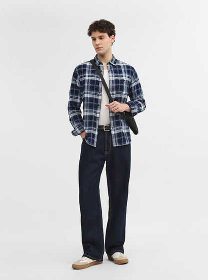 Navy Blue Checked Slim Fit Casual Shirt | Greenfibre