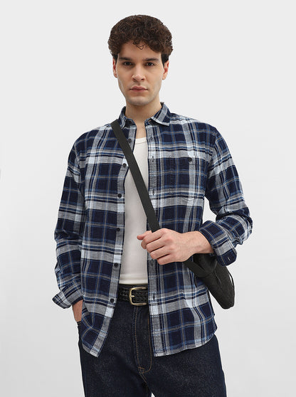 Navy Blue Checked Slim Fit Casual Shirt | Greenfibre